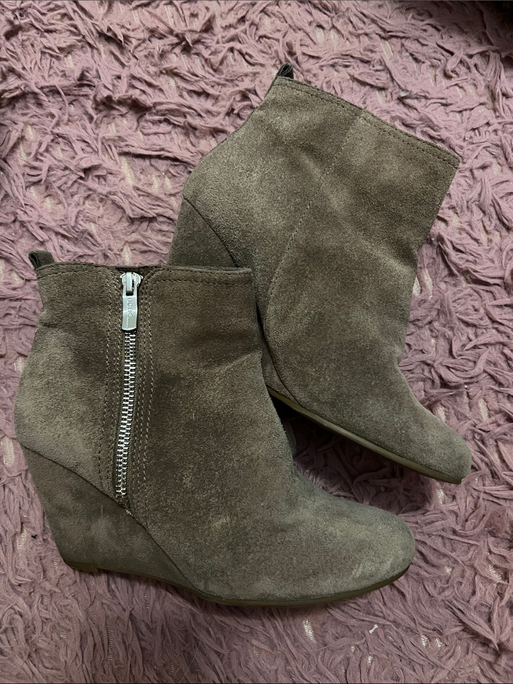 BCBGeneration Taupe Suede Wedge Ankle Boots